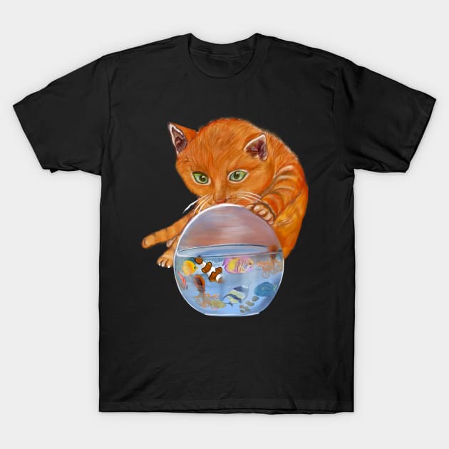 Curious kitten with Aquarium Globe - cute ginger cat with Octopus squid and friends  tropical Coral reef fish rainbow coloured / colored   fish and octopus swimming under the sea T-Shirt by Artonmytee